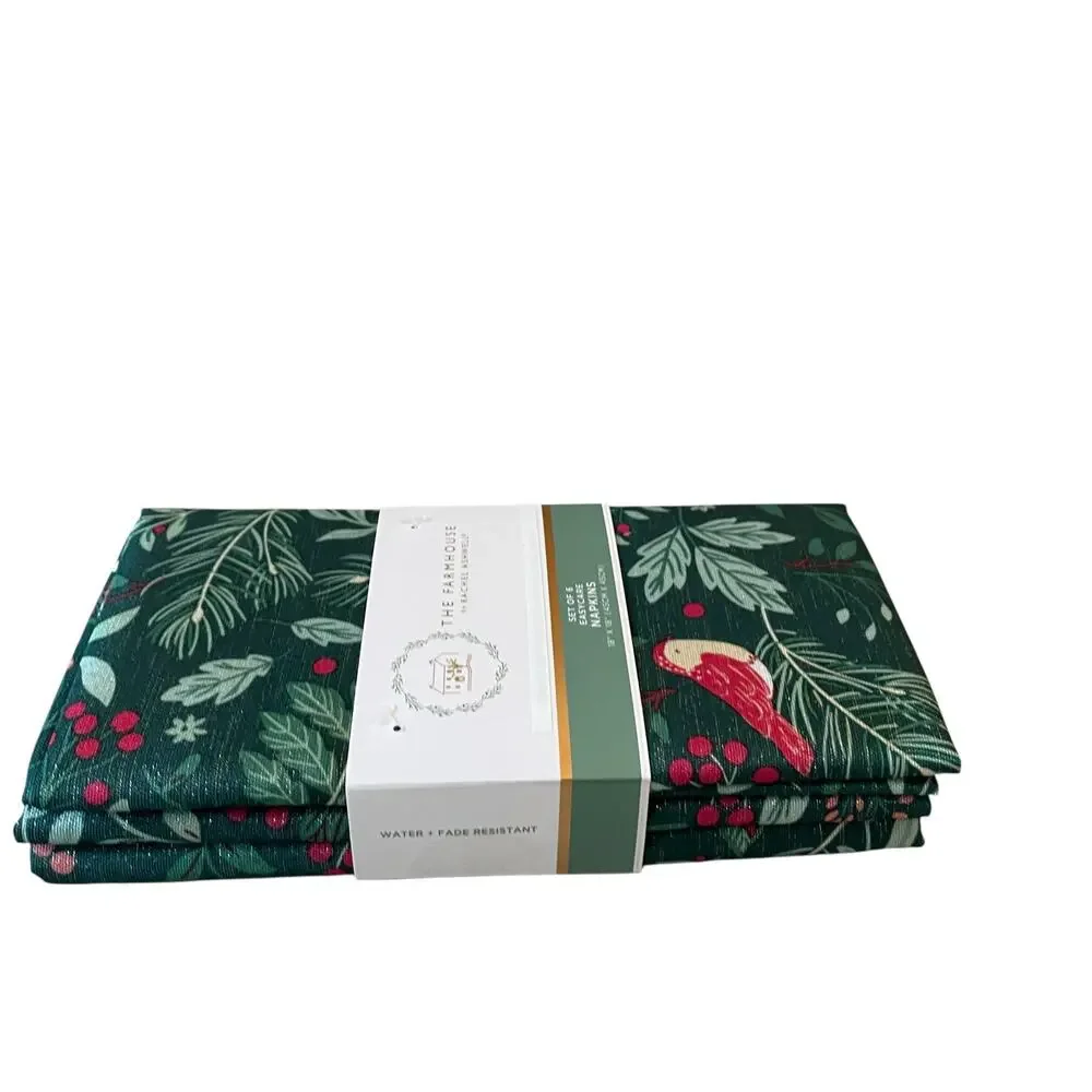 Rachel Ashwell Farmhouse CHRISTMAS JOY Dinner Napkins 18x18 Set of 6 Green NEW